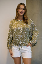 Load image into Gallery viewer, Riva Taupe/White Print Long Sleeve Drawstring Top