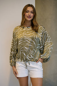 Riva Taupe/White Print Long Sleeve Drawstring Top