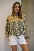 Load image into Gallery viewer, Riva Taupe/White Print Long Sleeve Drawstring Top