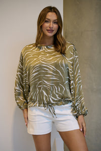 Riva Taupe/White Print Long Sleeve Drawstring Top