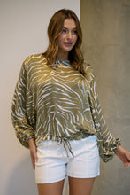 Load image into Gallery viewer, Riva Taupe/White Print Long Sleeve Drawstring Top