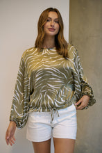 Load image into Gallery viewer, Riva Taupe/White Print Long Sleeve Drawstring Top