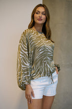 Load image into Gallery viewer, Riva Taupe/White Print Long Sleeve Drawstring Top