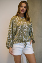 Load image into Gallery viewer, Riva Taupe/White Print Long Sleeve Drawstring Top