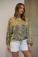 Load image into Gallery viewer, Riva Taupe/White Print Long Sleeve Drawstring Top