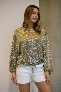 Riva Taupe/White Print Long Sleeve Drawstring Top