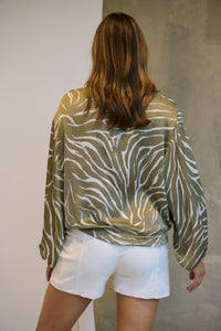 Riva Taupe/White Print Long Sleeve Drawstring Top