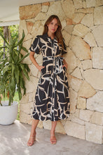 Load image into Gallery viewer, Aleeha Beige/Black/White Print Midi Collared Dress
