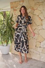 Load image into Gallery viewer, Aleeha Beige/Black/White Print Midi Collared Dress