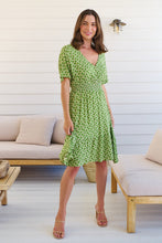 Load image into Gallery viewer, Chiara Cap Sleeve Green Retro Print Button Front Dress