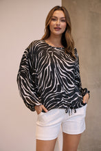 Load image into Gallery viewer, Riva Black/White Print Long Sleeve Drawstring Top