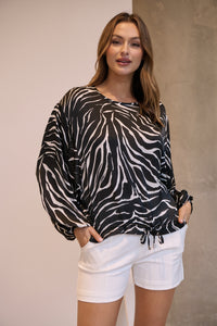 Riva Black/White Print Long Sleeve Drawstring Top