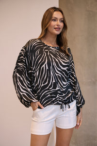Riva Black/White Print Long Sleeve Drawstring Top