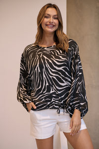Riva Black/White Print Long Sleeve Drawstring Top