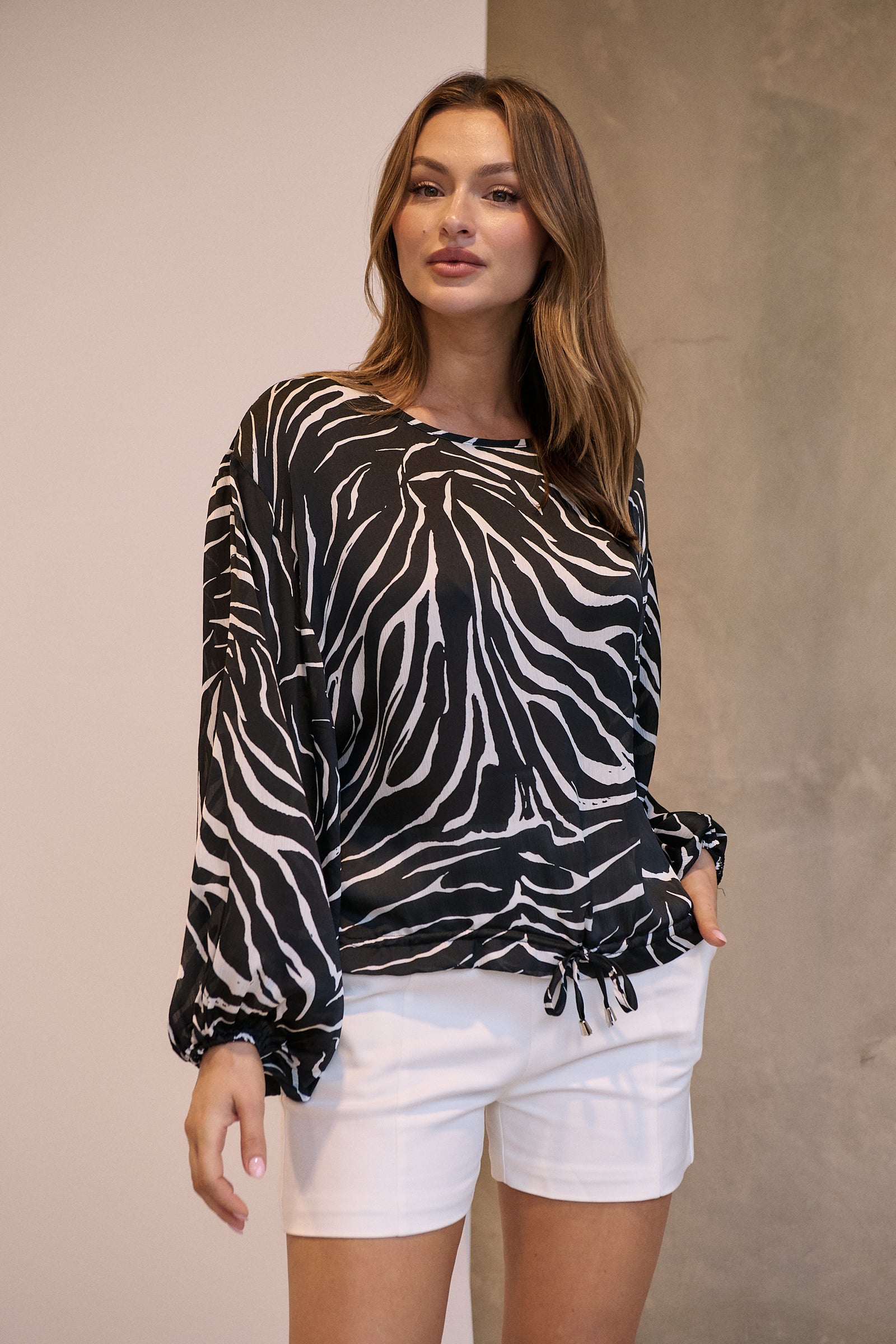 Riva Black/White Print Long Sleeve Drawstring Top