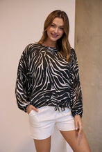 Load image into Gallery viewer, Riva Black/White Print Long Sleeve Drawstring Top