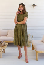 Load image into Gallery viewer, Caroline Khaki Speckled Print Shirred Tiered Dress