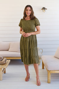 Caroline Khaki Speckled Print Shirred Tiered Dress
