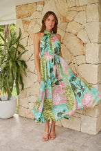Load image into Gallery viewer, Candice Green/Teal/Pink Print Sleeveless High Neck Evening Dress