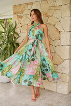 Load image into Gallery viewer, Candice Green/Teal/Pink Print Sleeveless High Neck Evening Dress