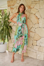 Load image into Gallery viewer, Candice Green/Teal/Pink Print Sleeveless High Neck Evening Dress