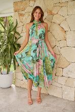 Load image into Gallery viewer, Candice Green/Teal/Pink Print Sleeveless High Neck Evening Dress