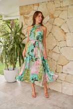Load image into Gallery viewer, Candice Green/Teal/Pink Print Sleeveless High Neck Evening Dress