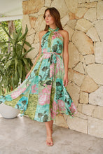 Load image into Gallery viewer, Candice Green/Teal/Pink Print Sleeveless High Neck Evening Dress