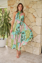 Load image into Gallery viewer, Candice Green/Teal/Pink Print Sleeveless High Neck Evening Dress
