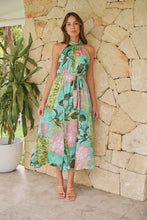 Load image into Gallery viewer, Candice Green/Teal/Pink Print Sleeveless High Neck Evening Dress