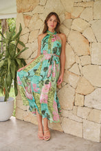 Load image into Gallery viewer, Candice Green/Teal/Pink Print Sleeveless High Neck Evening Dress
