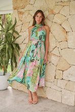 Load image into Gallery viewer, Candice Green/Teal/Pink Print Sleeveless High Neck Evening Dress