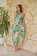 Load image into Gallery viewer, Candice Green/Teal/Pink Print Sleeveless High Neck Evening Dress