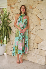 Load image into Gallery viewer, Candice Green/Teal/Pink Print Sleeveless High Neck Evening Dress