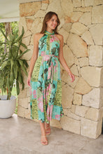 Load image into Gallery viewer, Candice Green/Teal/Pink Print Sleeveless High Neck Evening Dress