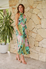 Load image into Gallery viewer, Candice Green/Teal/Pink Print Sleeveless High Neck Evening Dress