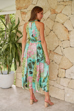 Load image into Gallery viewer, Candice Green/Teal/Pink Print Sleeveless High Neck Evening Dress