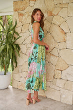 Load image into Gallery viewer, Candice Green/Teal/Pink Print Sleeveless High Neck Evening Dress