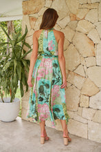 Load image into Gallery viewer, Candice Green/Teal/Pink Print Sleeveless High Neck Evening Dress