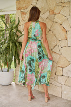 Load image into Gallery viewer, Candice Green/Teal/Pink Print Sleeveless High Neck Evening Dress
