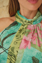 Load image into Gallery viewer, Candice Green/Teal/Pink Print Sleeveless High Neck Evening Dress