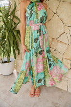 Load image into Gallery viewer, Candice Green/Teal/Pink Print Sleeveless High Neck Evening Dress