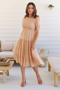 Caroline Peach Speckled Print Shirred Tiered Dress