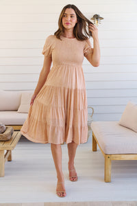 Caroline Peach Speckled Print Shirred Tiered Dress