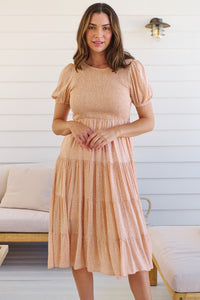 Caroline Peach Speckled Print Shirred Tiered Dress