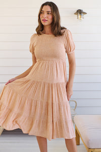 Caroline Peach Speckled Print Shirred Tiered Dress