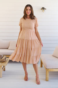 Caroline Peach Speckled Print Shirred Tiered Dress
