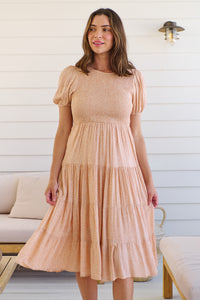 Caroline Peach Speckled Print Shirred Tiered Dress