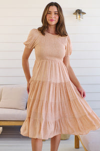 Caroline Peach Speckled Print Shirred Tiered Dress