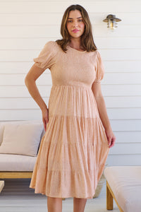 Caroline Peach Speckled Print Shirred Tiered Dress